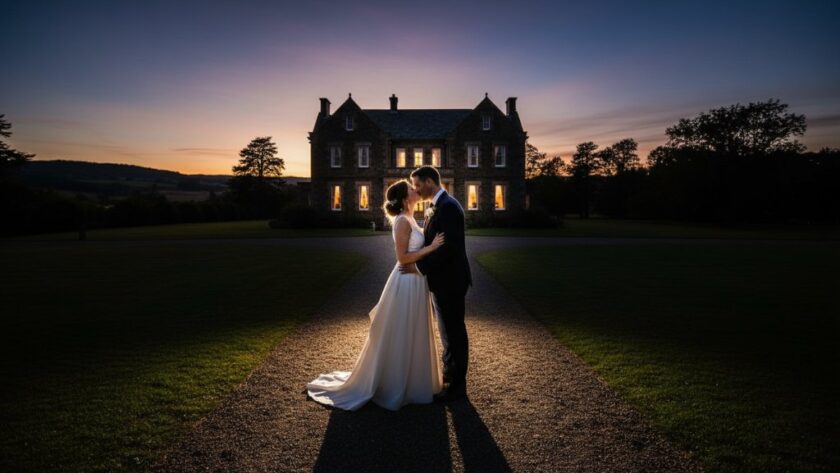 Dramatic wide shot of a newly married couple embracing lovingly in front of the grand Buninyong Mansion House, bathed in golden hour light, showcasing exquisite Buninyong Mansion House wedding photography.