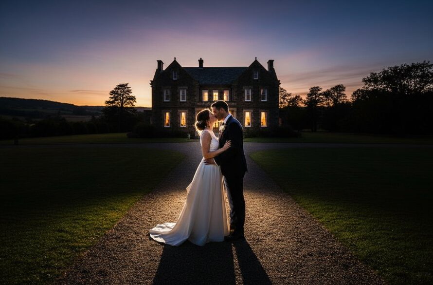 Dramatic wide shot of a newly married couple embracing lovingly in front of the grand Buninyong Mansion House, bathed in golden hour light, showcasing exquisite Buninyong Mansion House wedding photography.
