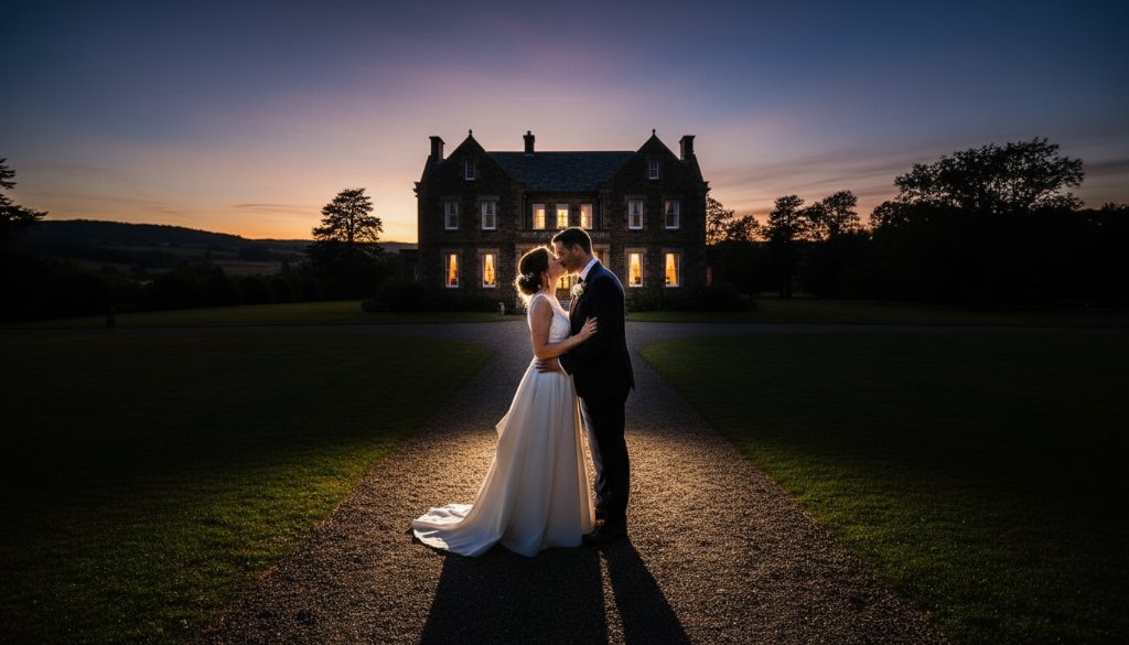 Dramatic wide shot of a newly married couple embracing lovingly in front of the grand Buninyong Mansion House, bathed in golden hour light, showcasing exquisite Buninyong Mansion House wedding photography.