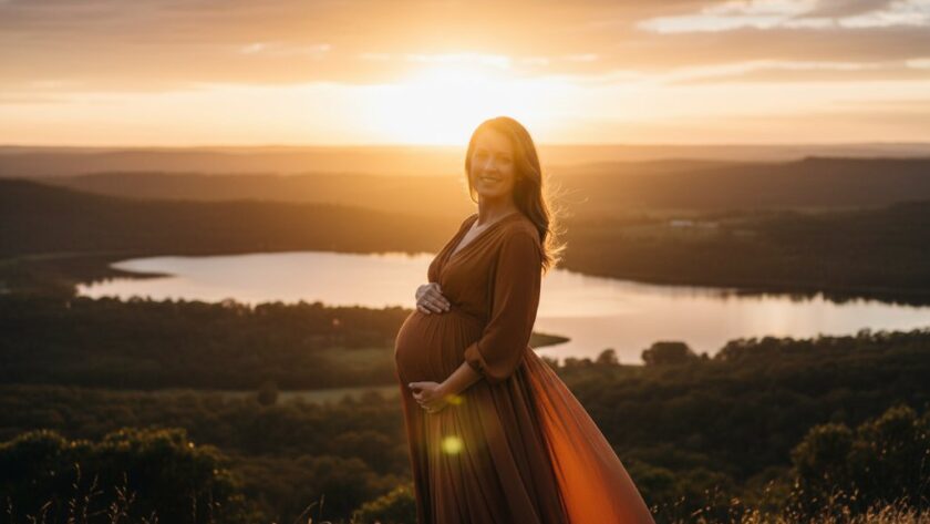 A stunning Buninyong maternity photography radiant outdoor portrait at golden hour, featuring an expectant mother in a flowing gown, silhouetted against the iconic scenic backdrop of Buninyong, Victoria, with dramatic, warm light creating an epic, tender moment.