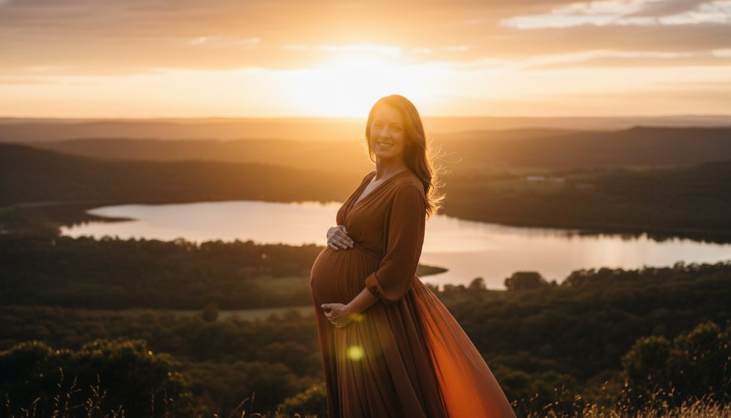 A stunning Buninyong maternity photography radiant outdoor portrait at golden hour, featuring an expectant mother in a flowing gown, silhouetted against the iconic scenic backdrop of Buninyong, Victoria, with dramatic, warm light creating an epic, tender moment.