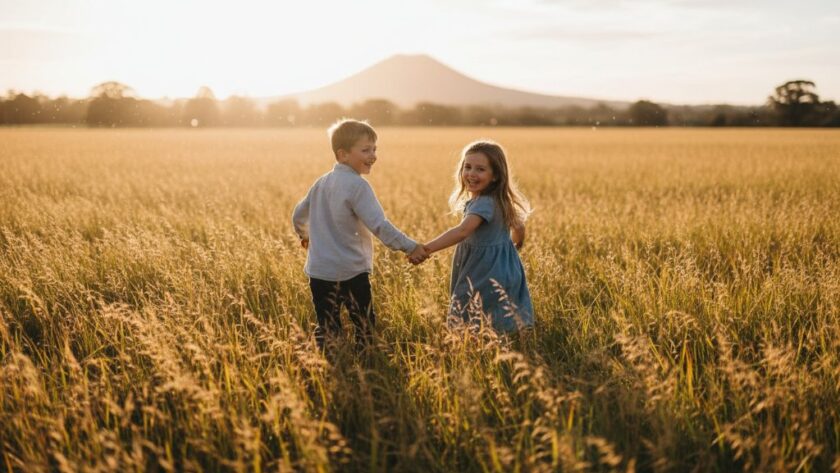 Buninyong natural kids photography storytelling: An epic moment of two children laughing joyfully while running through a sun-dappled golden field near Buninyong, Victoria, with the iconic Buninyong Railway Station in the soft background, captured with dramatic, warm lighting and professional colour grading.