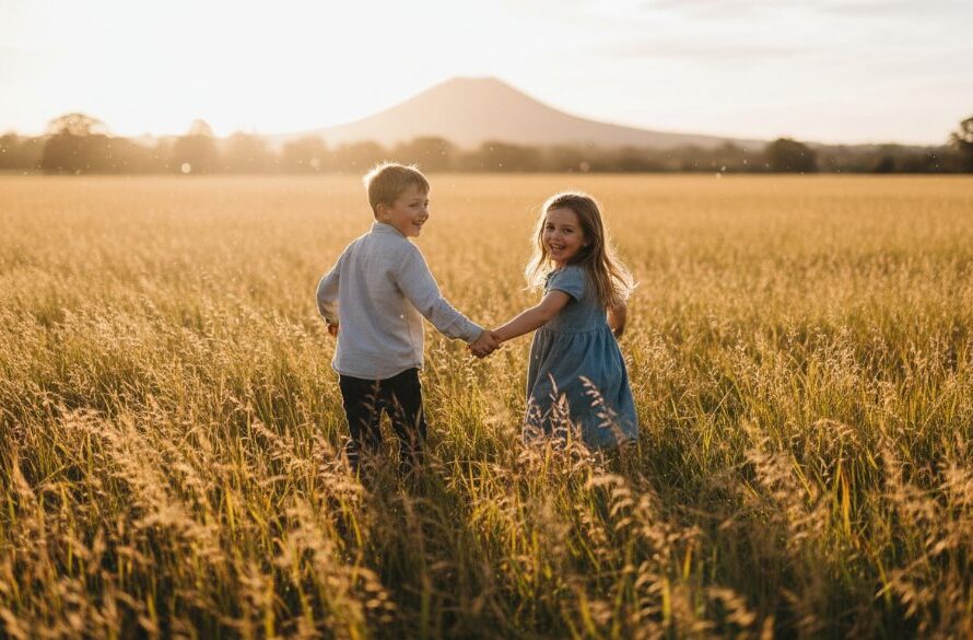 Buninyong natural kids photography storytelling: An epic moment of two children laughing joyfully while running through a sun-dappled golden field near Buninyong, Victoria, with the iconic Buninyong Railway Station in the soft background, captured with dramatic, warm lighting and professional colour grading.