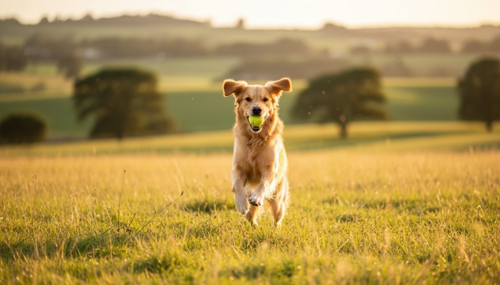 An epic moment of Buninyong pet photography capturing joyful furry friends, featuring a golden retriever mid-leap with a frisbee in its mouth against the warm glow of a Buninyong sunset, embodying pure happiness and dynamic action.