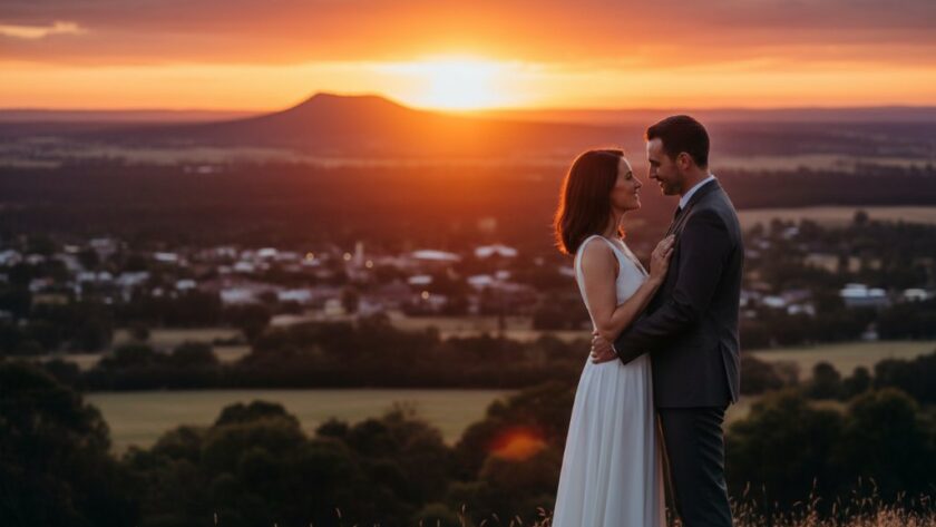 An epic moment of Buninyong Pre-Wedding Photography Capturing Timeless Love, featuring a couple embracing under the dramatic golden hour light, with the rolling hills and historic architecture of Buninyong in the background. Professional, color-graded, cinematic.