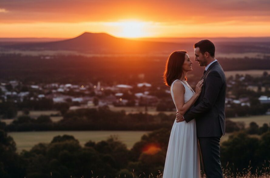 An epic moment of Buninyong Pre-Wedding Photography Capturing Timeless Love, featuring a couple embracing under the dramatic golden hour light, with the rolling hills and historic architecture of Buninyong in the background. Professional, color-graded, cinematic.