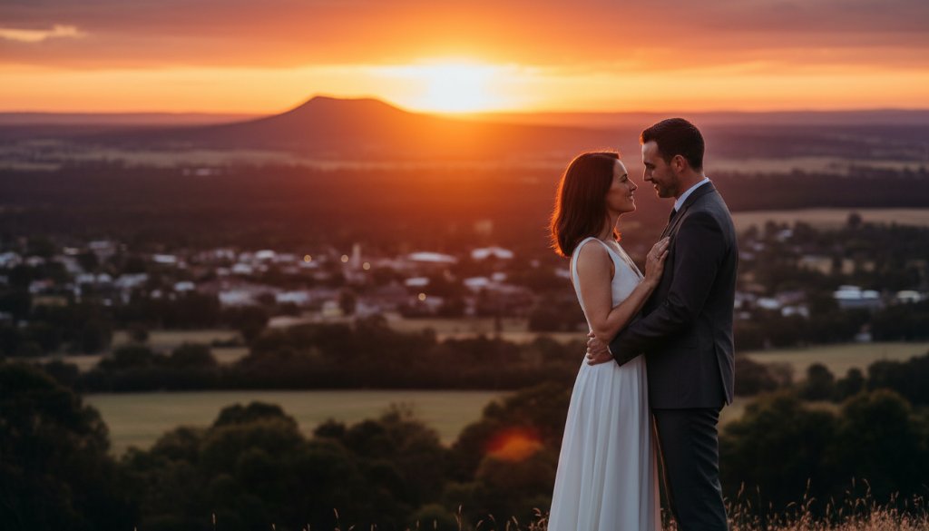 An epic moment of Buninyong Pre-Wedding Photography Capturing Timeless Love, featuring a couple embracing under the dramatic golden hour light, with the rolling hills and historic architecture of Buninyong in the background. Professional, color-graded, cinematic.