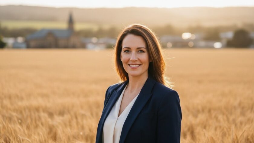 A confident young professional, radiating success, poses for her Buninyong professional headshots for career success in a sun-drenched, heritage-listed garden in Buninyong, Victoria, a cinematic portrait with shallow depth of field and soft, natural light highlighting her determined expression, symbolizing ambition and achievement.