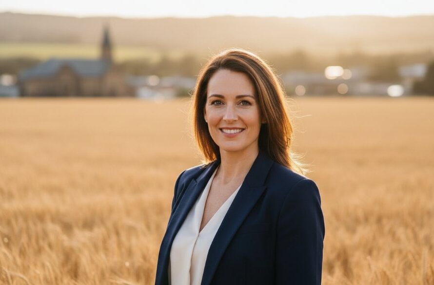 A confident young professional, radiating success, poses for her Buninyong professional headshots for career success in a sun-drenched, heritage-listed garden in Buninyong, Victoria, a cinematic portrait with shallow depth of field and soft, natural light highlighting her determined expression, symbolizing ambition and achievement.