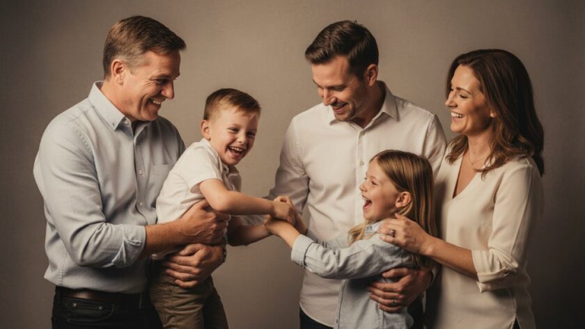 An authentic Buninyong studio family portrait capturing a joyous, candid moment with warm, dramatic lighting, showcasing the family's genuine connection.