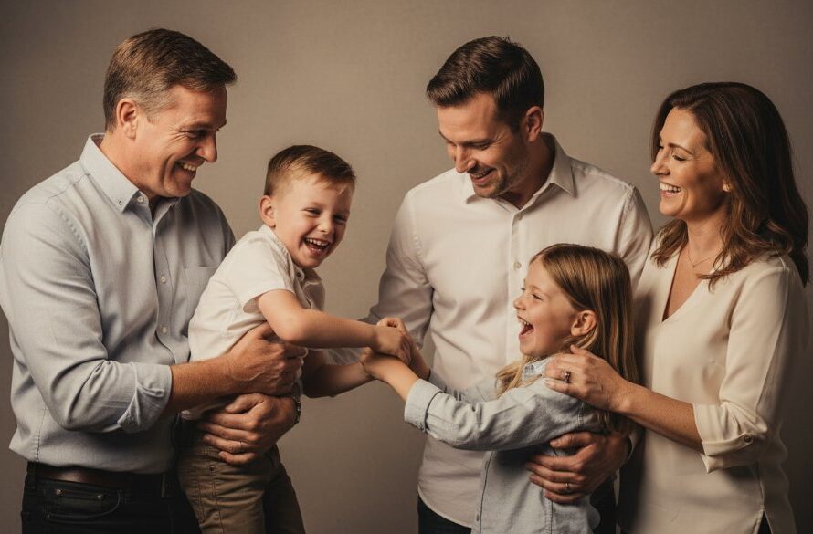 An authentic Buninyong studio family portrait capturing a joyous, candid moment with warm, dramatic lighting, showcasing the family's genuine connection.