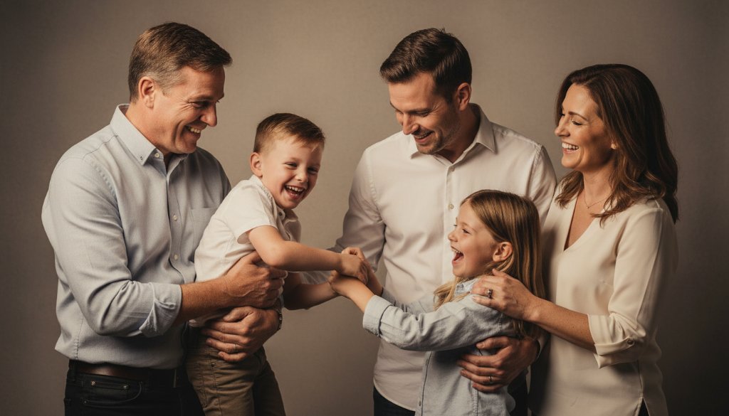 An authentic Buninyong studio family portrait capturing a joyous, candid moment with warm, dramatic lighting, showcasing the family's genuine connection.
