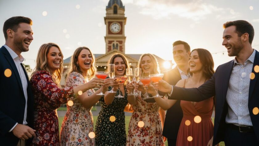 A Buninyong Victoria party photographer capturing joyful moments of friends laughing and toasting at a vibrant outdoor celebration with the historic Buninyong Town Hall in the background, bathed in golden hour light.