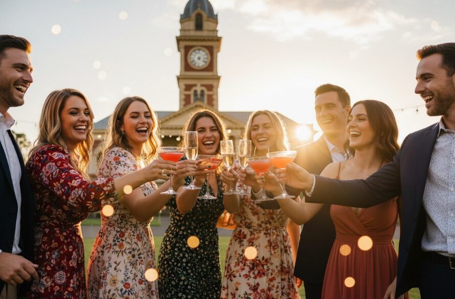 A Buninyong Victoria party photographer capturing joyful moments of friends laughing and toasting at a vibrant outdoor celebration with the historic Buninyong Town Hall in the background, bathed in golden hour light.