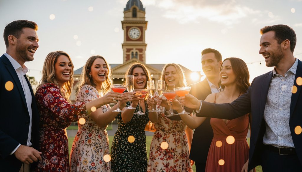 A Buninyong Victoria party photographer capturing joyful moments of friends laughing and toasting at a vibrant outdoor celebration with the historic Buninyong Town Hall in the background, bathed in golden hour light.