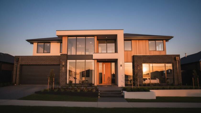 Dramatic wide-angle shot showcasing the Burnside Heights architectural photography excellence of a modern residential facade at twilight, bathed in golden hour glow and intricate shadow play, with a clear evening sky.