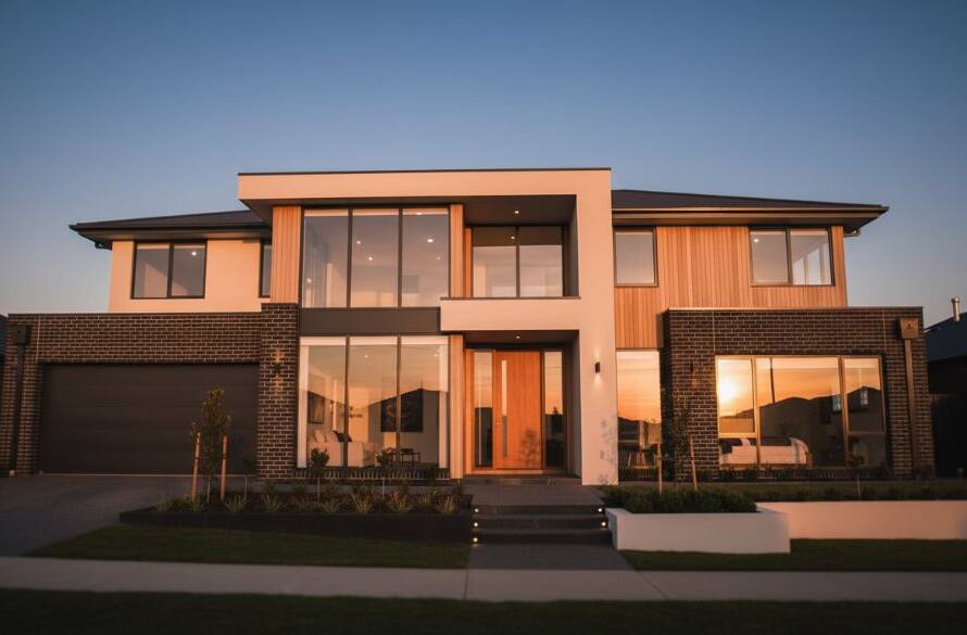 Dramatic wide-angle shot showcasing the Burnside Heights architectural photography excellence of a modern residential facade at twilight, bathed in golden hour glow and intricate shadow play, with a clear evening sky.