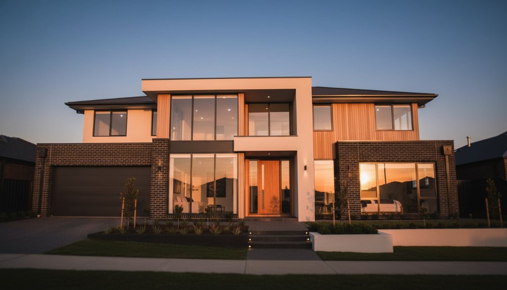 Dramatic wide-angle shot showcasing the Burnside Heights architectural photography excellence of a modern residential facade at twilight, bathed in golden hour glow and intricate shadow play, with a clear evening sky.
