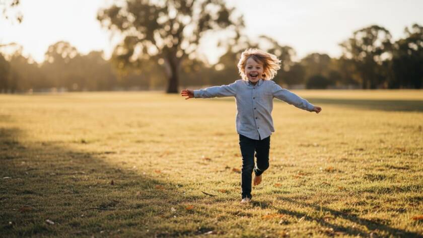 An epic moment of a child laughing joyfully mid-air on a swing at a Burnside Heights park, bathed in golden hour light, expertly captured during a Burnside Heights Authentic Kids Photography Sessions by a professional photographer.