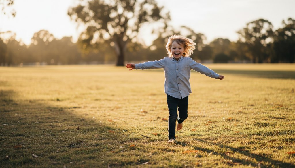 An epic moment of a child laughing joyfully mid-air on a swing at a Burnside Heights park, bathed in golden hour light, expertly captured during a Burnside Heights Authentic Kids Photography Sessions by a professional photographer.