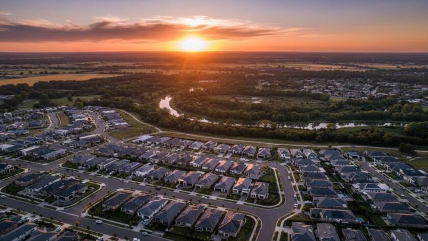 An epic, cinematic aerial shot of a vibrant sunset over the tranquil waterways and new housing developments of Burnside Heights, Victoria, showcasing the stunning beauty through "Burnside Heights drone photography capturing local landscapes". Professional colour grading enhances the golden hour light.