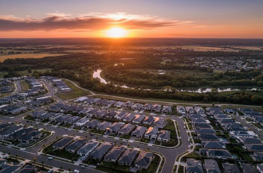 An epic, cinematic aerial shot of a vibrant sunset over the tranquil waterways and new housing developments of Burnside Heights, Victoria, showcasing the stunning beauty through "Burnside Heights drone photography capturing local landscapes". Professional colour grading enhances the golden hour light.