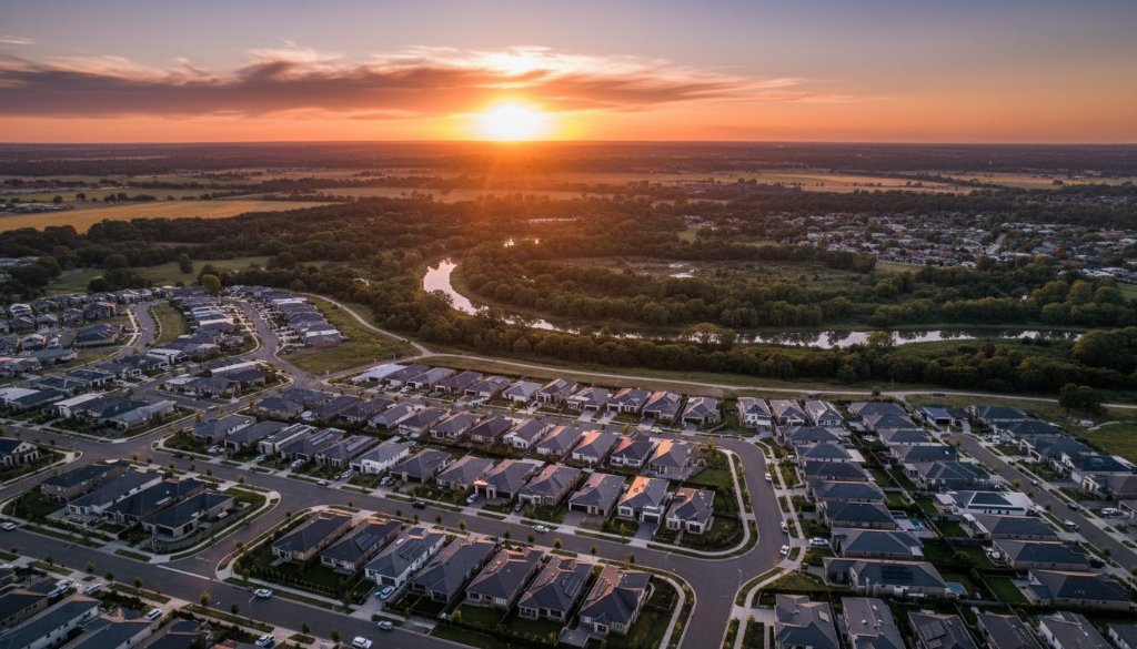 An epic, cinematic aerial shot of a vibrant sunset over the tranquil waterways and new housing developments of Burnside Heights, Victoria, showcasing the stunning beauty through "Burnside Heights drone photography capturing local landscapes". Professional colour grading enhances the golden hour light.