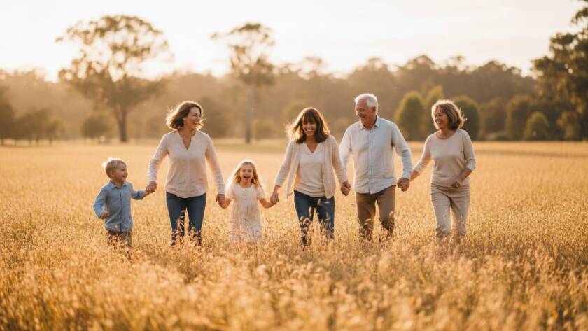 An epic moment of a joyful multi-generational family embracing in a golden hour field, showcasing Burnside Heights family photography storytelling sessions, with dramatic backlighting and warm tones.