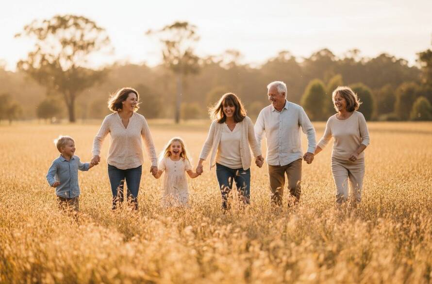 An epic moment of a joyful multi-generational family embracing in a golden hour field, showcasing Burnside Heights family photography storytelling sessions, with dramatic backlighting and warm tones.