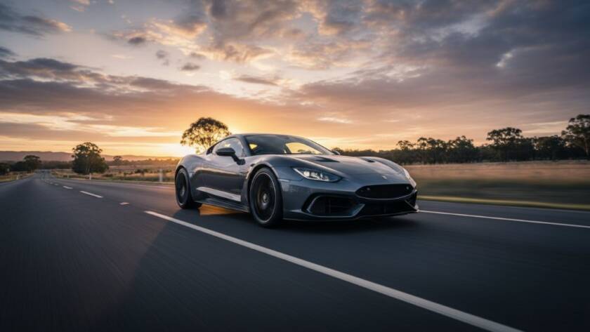 A high-angle, cinematic shot of a gleaming midnight blue luxury sports car speeding along a winding, tree-lined road at sunset in Burnside Heights, Melbourne, perfectly showcasing Burnside Heights luxury car photography Melbourne, with dramatic light catching its contours and motion blur in the background, conveying power and elegance.