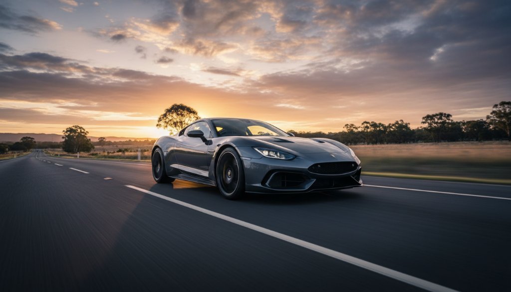 A high-angle, cinematic shot of a gleaming midnight blue luxury sports car speeding along a winding, tree-lined road at sunset in Burnside Heights, Melbourne, perfectly showcasing Burnside Heights luxury car photography Melbourne, with dramatic light catching its contours and motion blur in the background, conveying power and elegance.