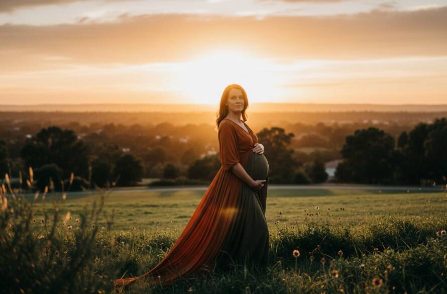 A radiant expectant mother, beautifully silhouetted against a golden hour sky at a scenic Burnside Heights park, showcasing breathtaking maternity photos with dramatic, professional lighting and a serene, emotional mood.