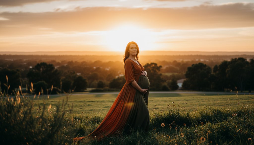 A radiant expectant mother, beautifully silhouetted against a golden hour sky at a scenic Burnside Heights park, showcasing breathtaking maternity photos with dramatic, professional lighting and a serene, emotional mood.