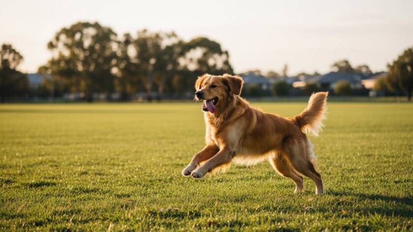 A heartwarming Burnside Heights pet photography capturing playful moments of a golden retriever joyfully leaping through golden afternoon sunlight in a Burnside Heights park, with its owner laughing in the background, professional colour grading.