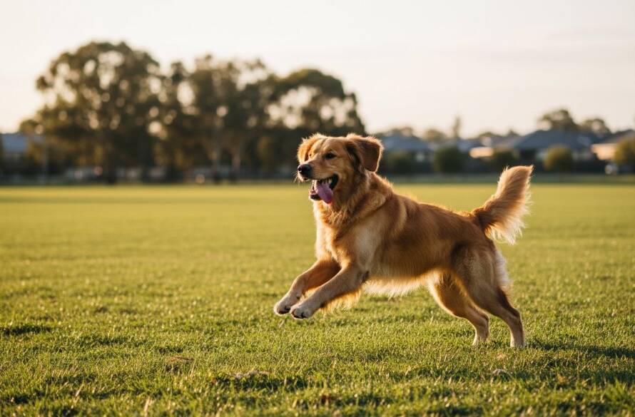 A heartwarming Burnside Heights pet photography capturing playful moments of a golden retriever joyfully leaping through golden afternoon sunlight in a Burnside Heights park, with its owner laughing in the background, professional colour grading.