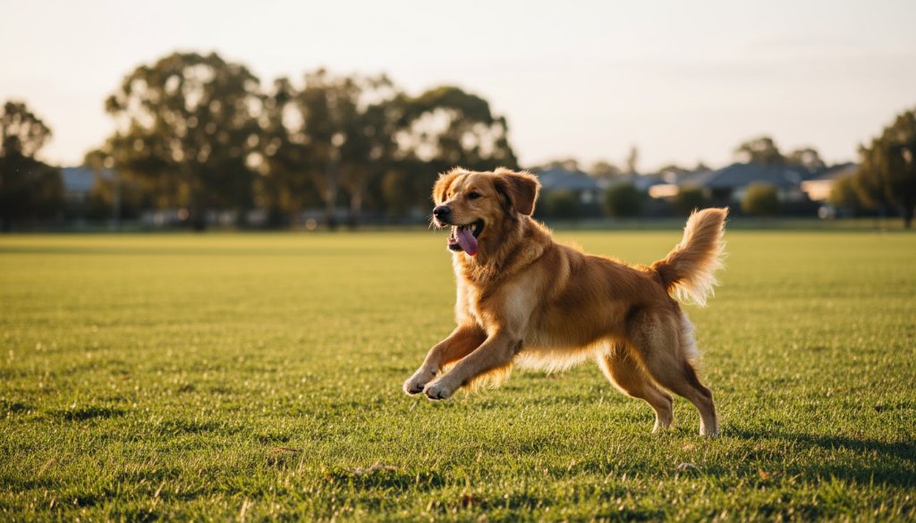 A heartwarming Burnside Heights pet photography capturing playful moments of a golden retriever joyfully leaping through golden afternoon sunlight in a Burnside Heights park, with its owner laughing in the background, professional colour grading.