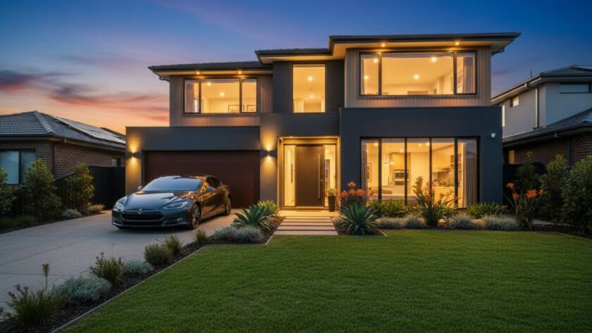 Dramatic wide-angle shot showcasing a modern family home in Burnside Heights at twilight, with professional real estate photography capturing glowing interiors, a vibrant garden, and a stunning sunset over the local landscape, highlighting its luxury and appeal.