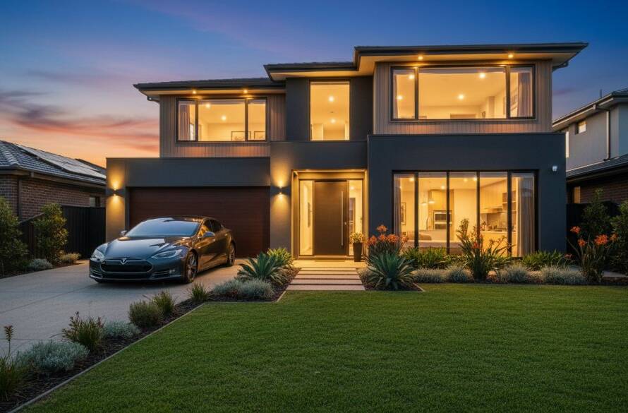 Dramatic wide-angle shot showcasing a modern family home in Burnside Heights at twilight, with professional real estate photography capturing glowing interiors, a vibrant garden, and a stunning sunset over the local landscape, highlighting its luxury and appeal.