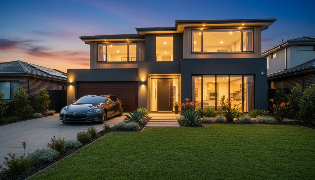 Dramatic wide-angle shot showcasing a modern family home in Burnside Heights at twilight, with professional real estate photography capturing glowing interiors, a vibrant garden, and a stunning sunset over the local landscape, highlighting its luxury and appeal.