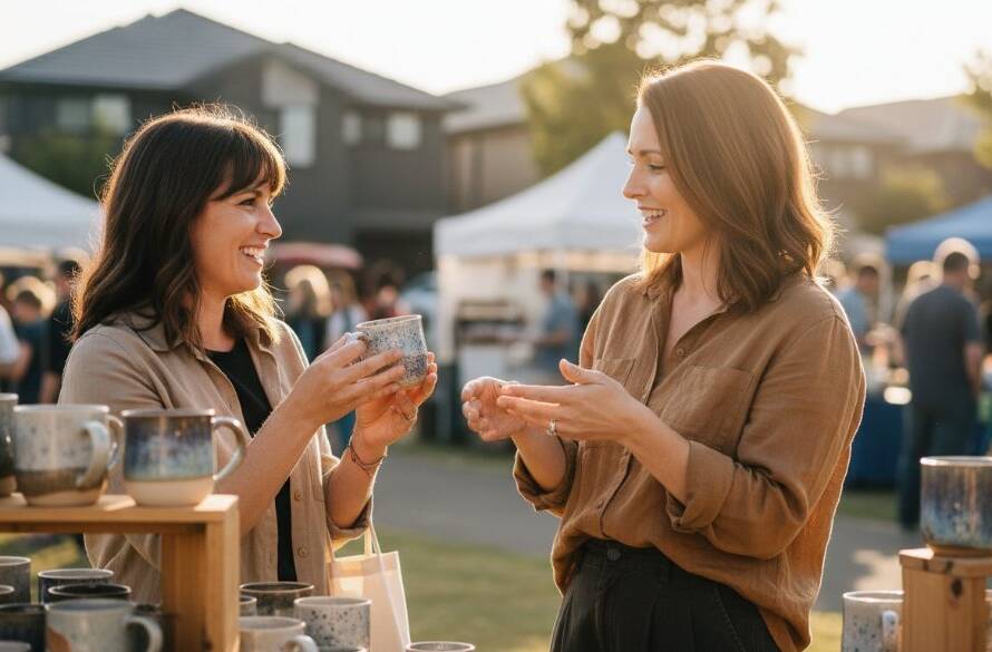 Dynamic wide shot showcasing a local artisan passionately discussing their handcrafted wares with a client at a bustling Burnside Heights community market, with warm afternoon light highlighting their genuine connection and products. This Burnside Heights professional branding photography captures authentic engagement and business story.