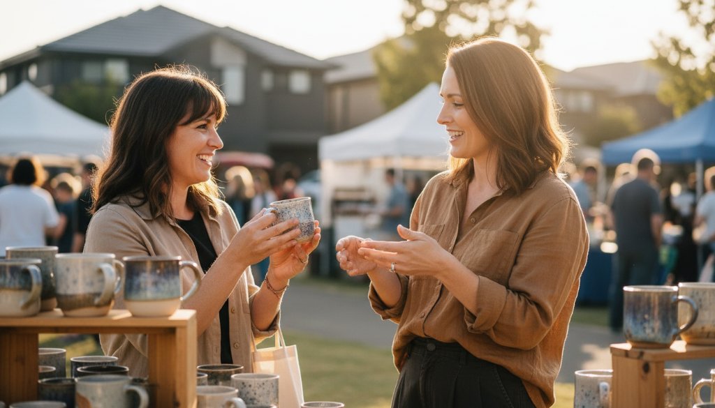 Dynamic wide shot showcasing a local artisan passionately discussing their handcrafted wares with a client at a bustling Burnside Heights community market, with warm afternoon light highlighting their genuine connection and products. This Burnside Heights professional branding photography captures authentic engagement and business story.