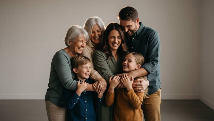 An emotionally resonant, professionally lit studio portrait capturing a loving Burnside Heights family's joyful interaction, showcasing an epic moment of connection, ideal for Burnside Heights professional studio photography for families.