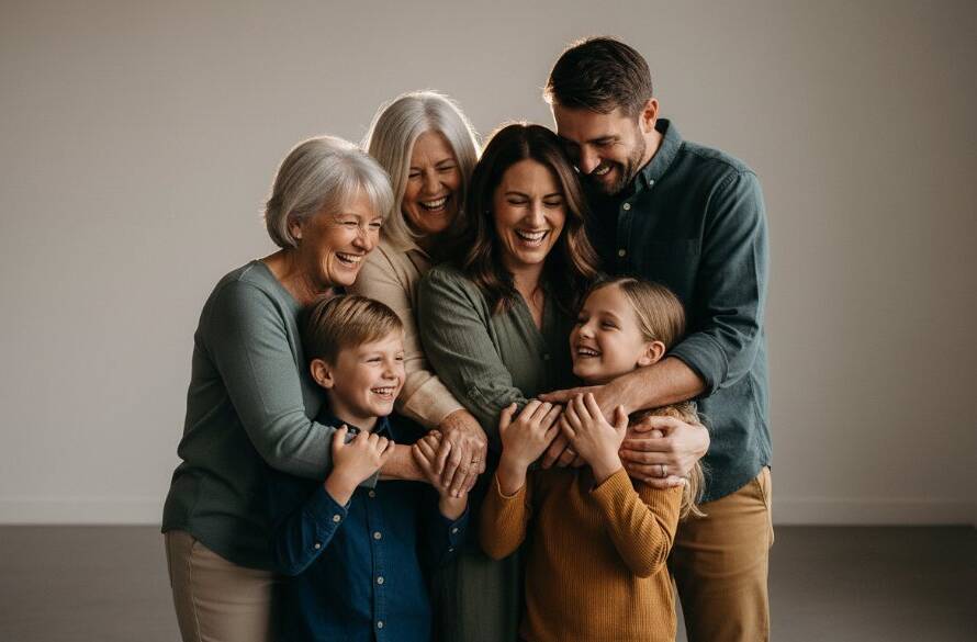 An emotionally resonant, professionally lit studio portrait capturing a loving Burnside Heights family's joyful interaction, showcasing an epic moment of connection, ideal for Burnside Heights professional studio photography for families.