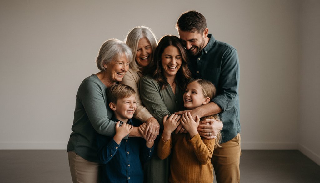 An emotionally resonant, professionally lit studio portrait capturing a loving Burnside Heights family's joyful interaction, showcasing an epic moment of connection, ideal for Burnside Heights professional studio photography for families.