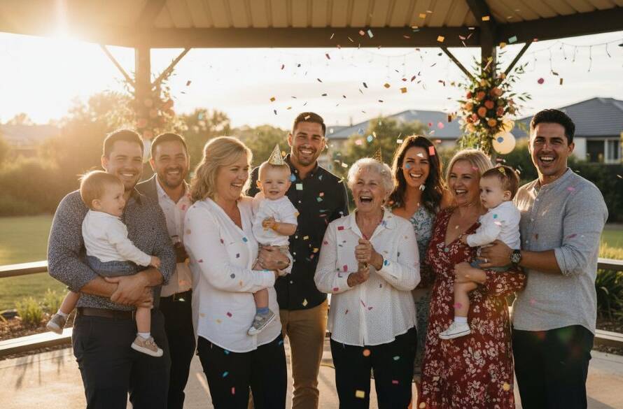 A candid, joyous moment captured with Burnside Heights vibrant party photography, showing children laughing and throwing colourful confetti at an outdoor party in Burnside Heights, with dramatic golden hour lighting highlighting their expressions and a blur of activity in the background.