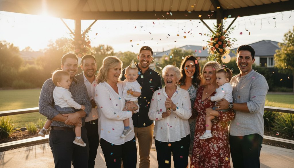 A candid, joyous moment captured with Burnside Heights vibrant party photography, showing children laughing and throwing colourful confetti at an outdoor party in Burnside Heights, with dramatic golden hour lighting highlighting their expressions and a blur of activity in the background.