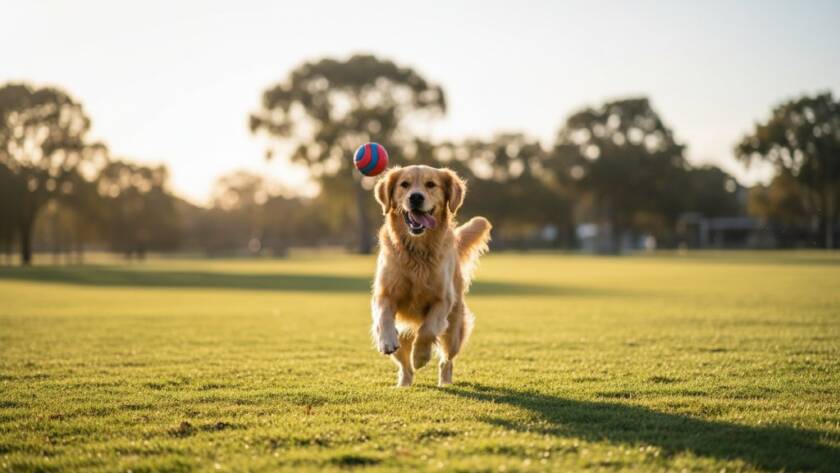 An epic moment of a golden retriever joyfully leaping through a sun-drenched Burnside dog park, captured with Burnside pet photography capturing joyous dog park adventures, dramatic lighting highlighting its playful spirit.