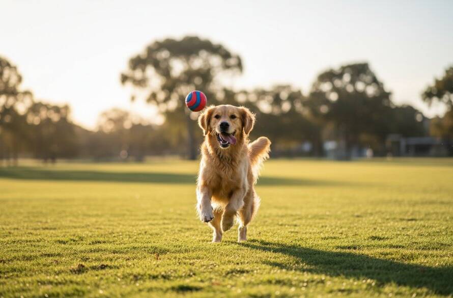 An epic moment of a golden retriever joyfully leaping through a sun-drenched Burnside dog park, captured with Burnside pet photography capturing joyous dog park adventures, dramatic lighting highlighting its playful spirit.
