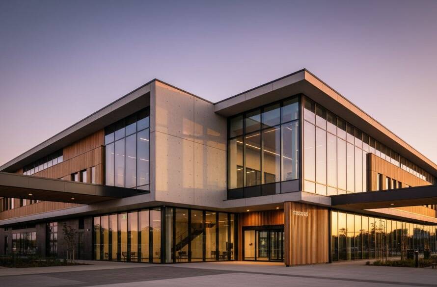 Dramatic wide-angle shot showcasing a modern, sleek building in Burnside Victoria, illuminated by the golden hour sun, emphasizing its sharp lines and reflective surfaces. This Burnside Victoria architectural photography captures the structure's grandeur with a professional, cinematic feel.