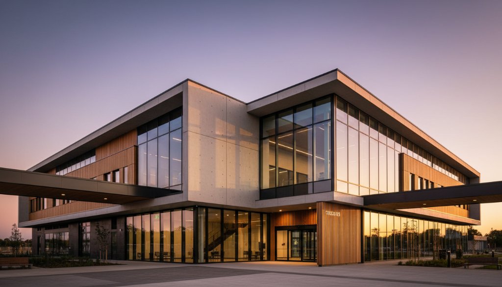Dramatic wide-angle shot showcasing a modern, sleek building in Burnside Victoria, illuminated by the golden hour sun, emphasizing its sharp lines and reflective surfaces. This Burnside Victoria architectural photography captures the structure's grandeur with a professional, cinematic feel.